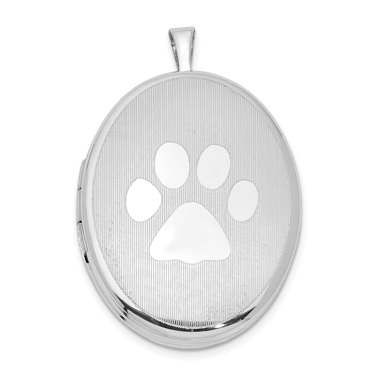 Sterling Silver Rhod-plated Textured & Polished Paw Print 26mm Oval Locket