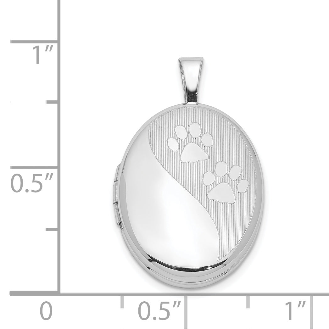 Sterling Silver Rhodium-plated Oval Satin & Polished Paw Prints Locket