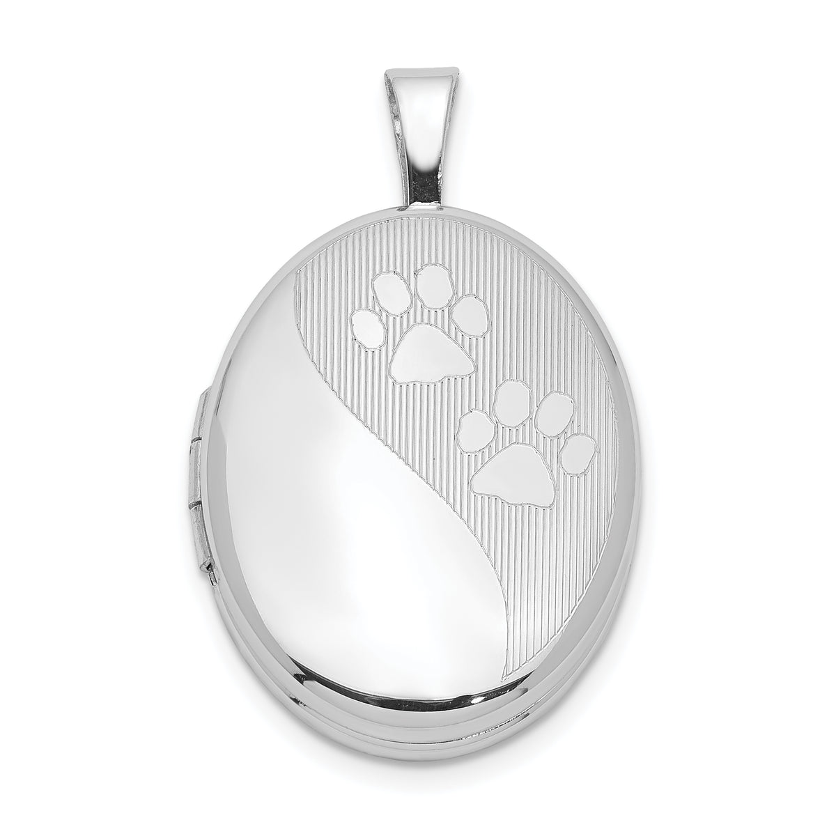 Sterling Silver Rhodium-plated Satin & Polished Paw Prints 19mm Oval Locket