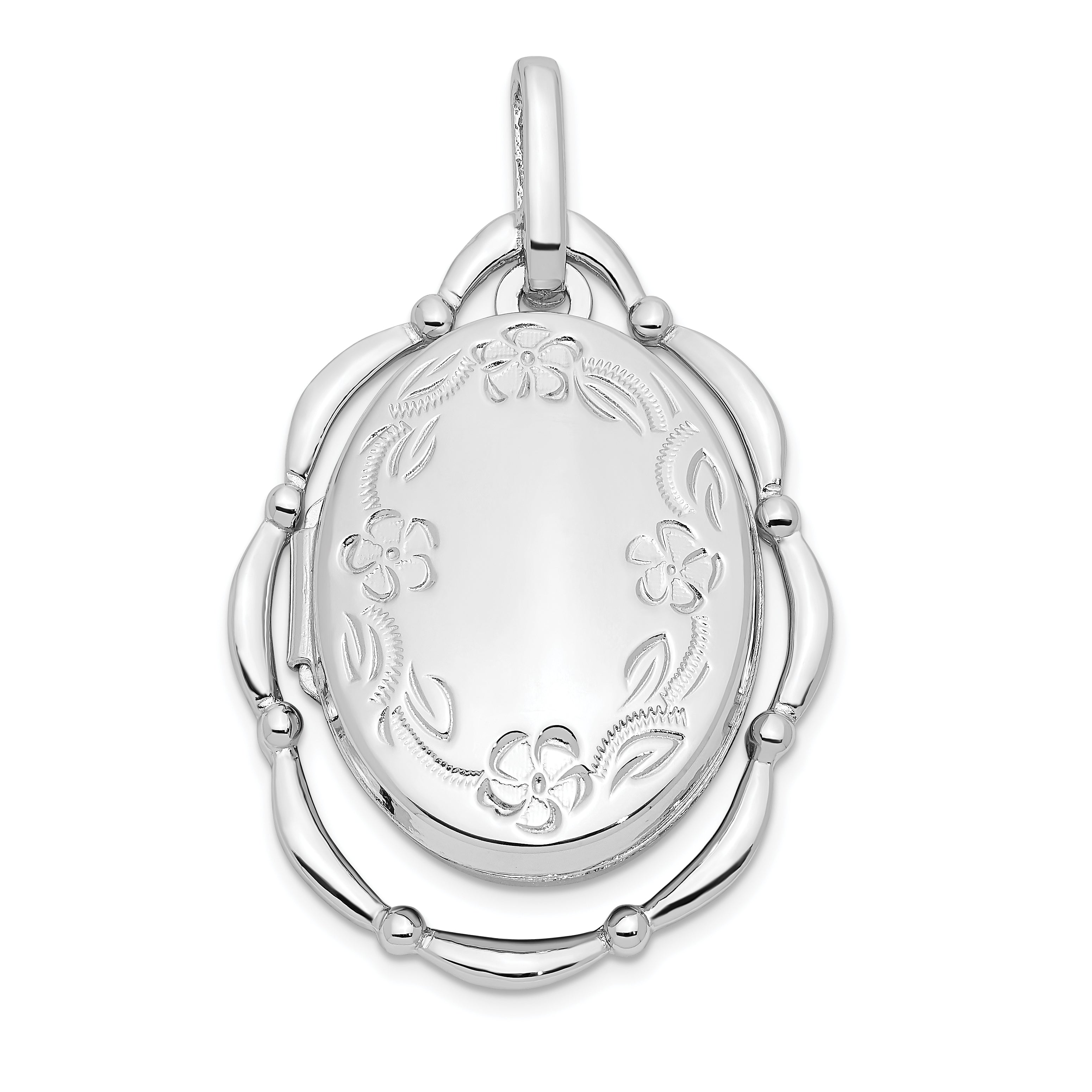 Sterling Silver Rhodium-plated 21x16mm Floral Oval Locket