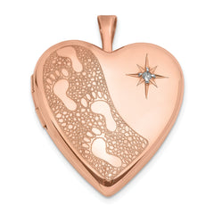 Sterling Silver Rose Gold-plated 20mm w/ Diamond Footprints Heart Locket