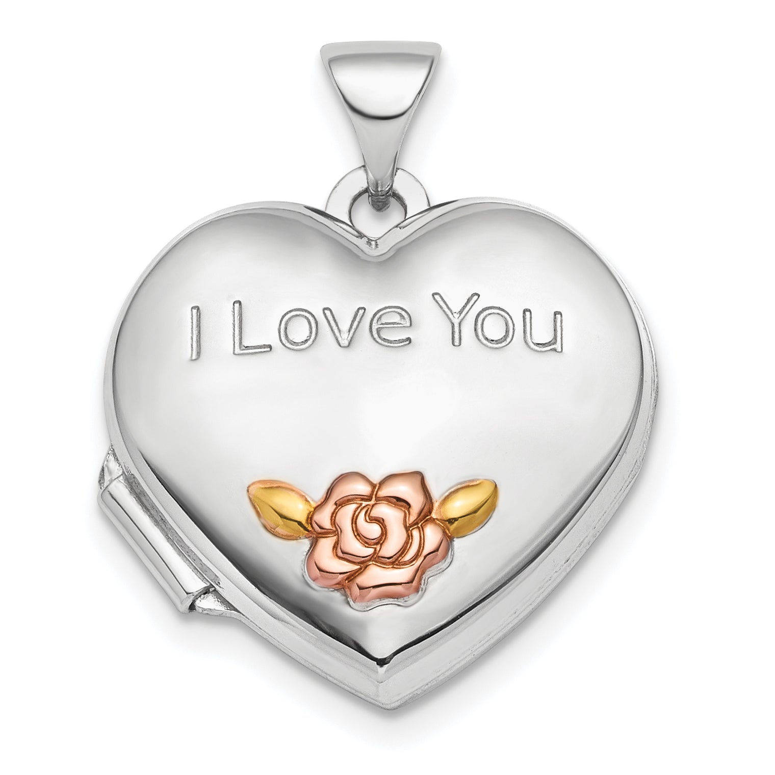 Sterling Silver Rhod-plate Rose & Gold-tone Flower I Love You Heart Locket