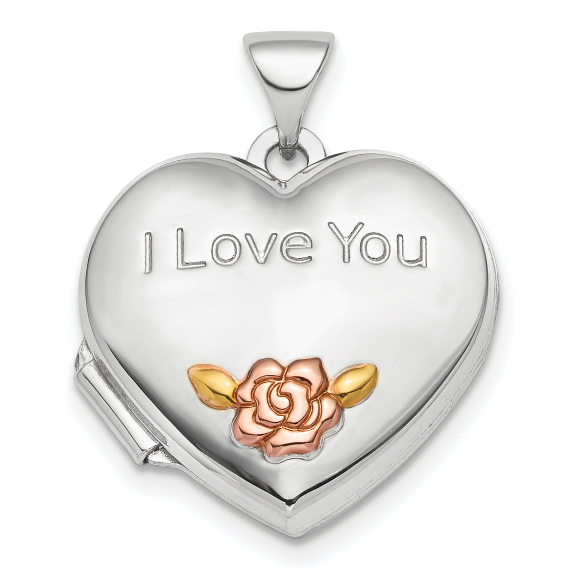 Sterling Silver Rhod-plate Rose & Gold-tone Flower I Love You Heart Locket