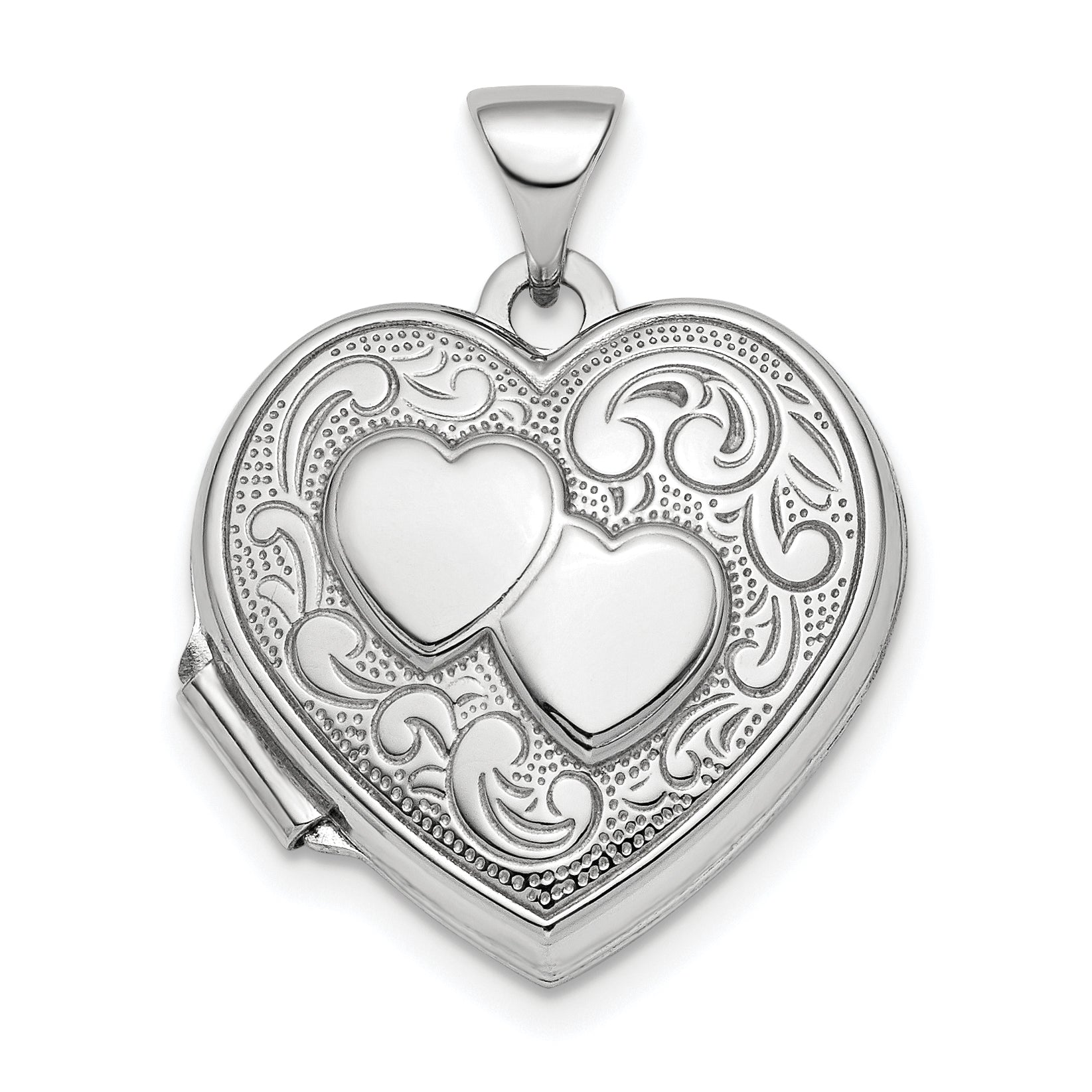 Sterling Silver Rhod-plated 2-Heart Design Reversible 18mm Heart Locket