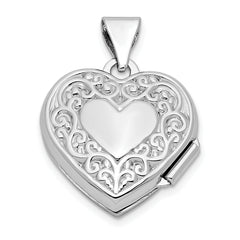 Sterling Silver Rhod-plated Scroll Design Front & Back 15mm Heart Locket