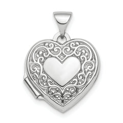 Sterling Silver Rhod-plated Scroll Border Reversible 15mm Heart Locket