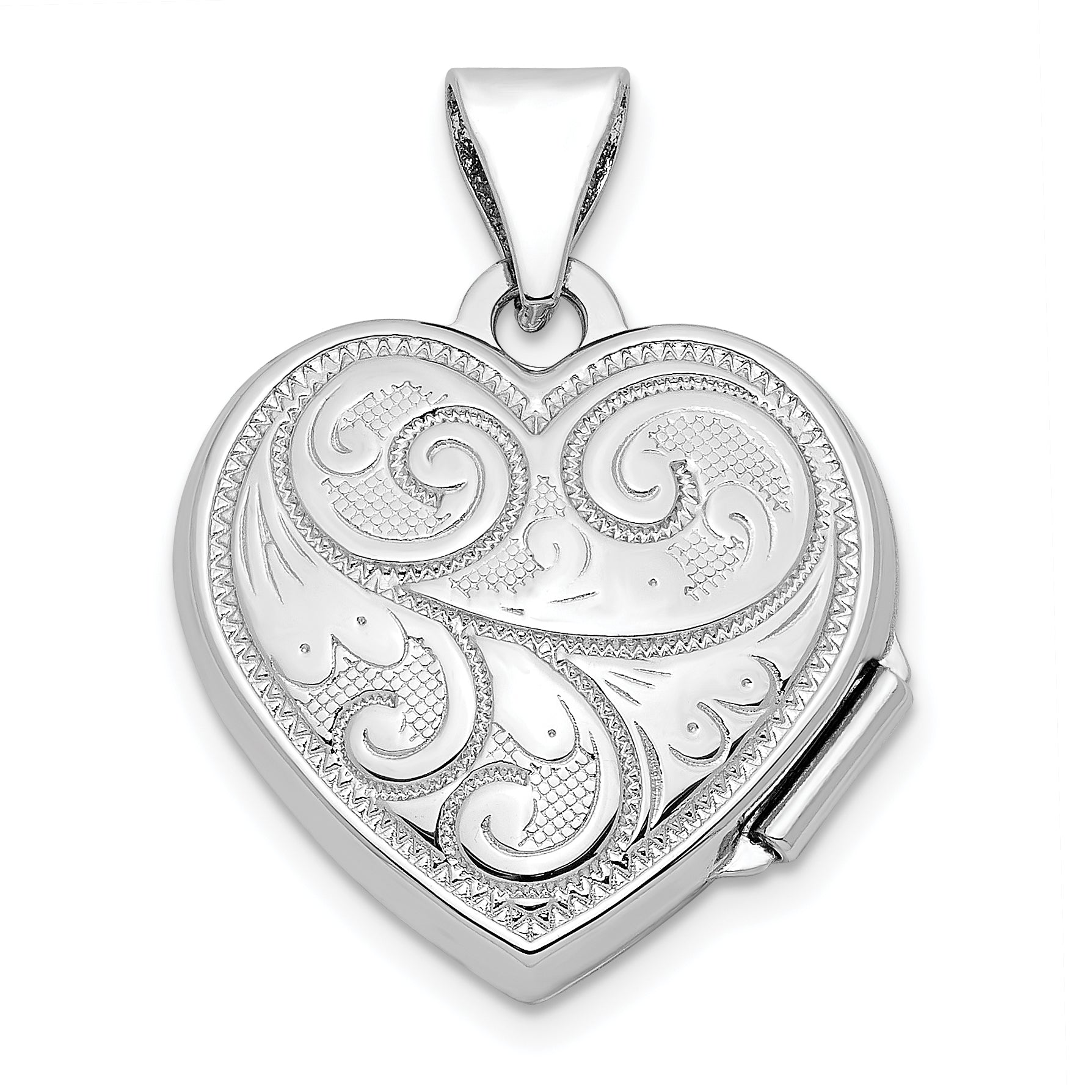 Sterling Silver Rhodium-plated Polished 15mm Heart Patterned Locket