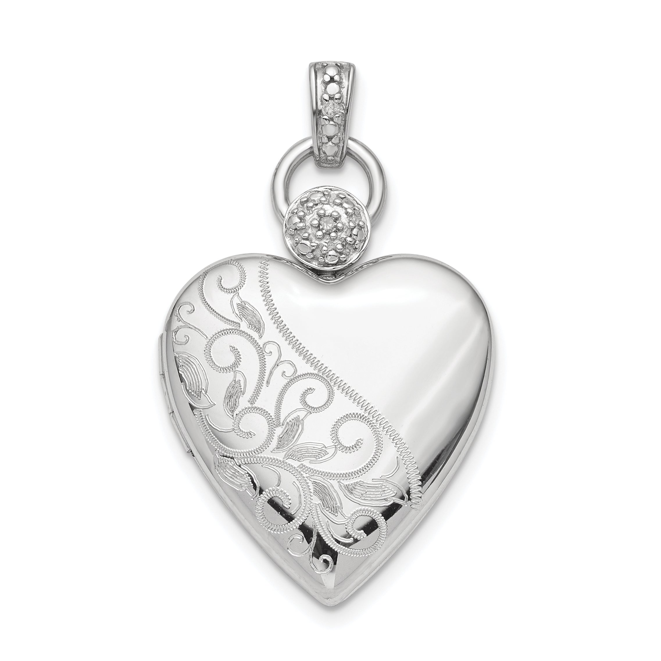 Sterling Silver Rhodium-plated 21mm Heart Dia. Accent D/C Satin Locket