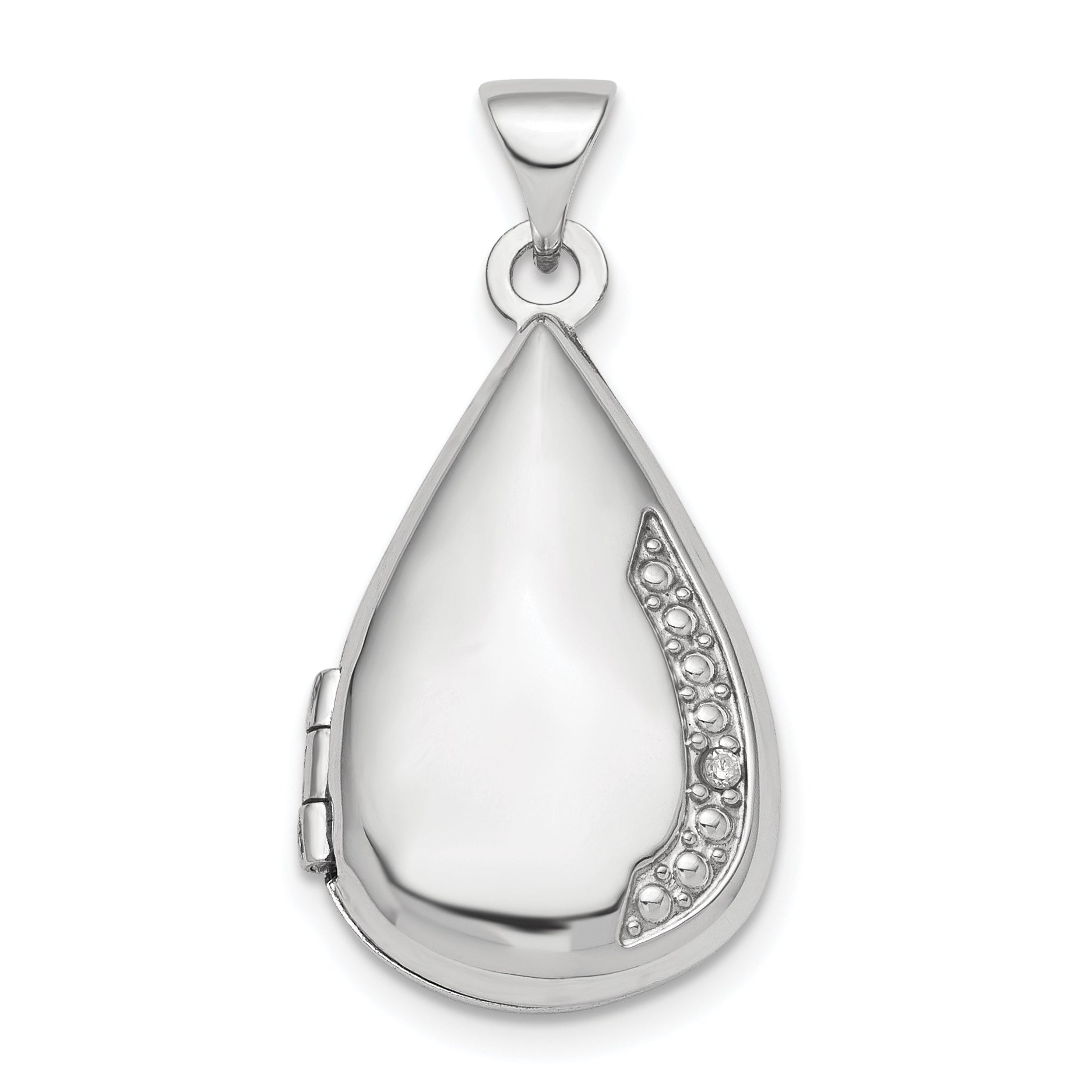 Sterling Silver Rhodium-plated Polished Diamond 21mm Teardrop Locket