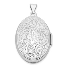 Sterling Silver Rhodium-plated Polished 26mm Patterned Oval Locket