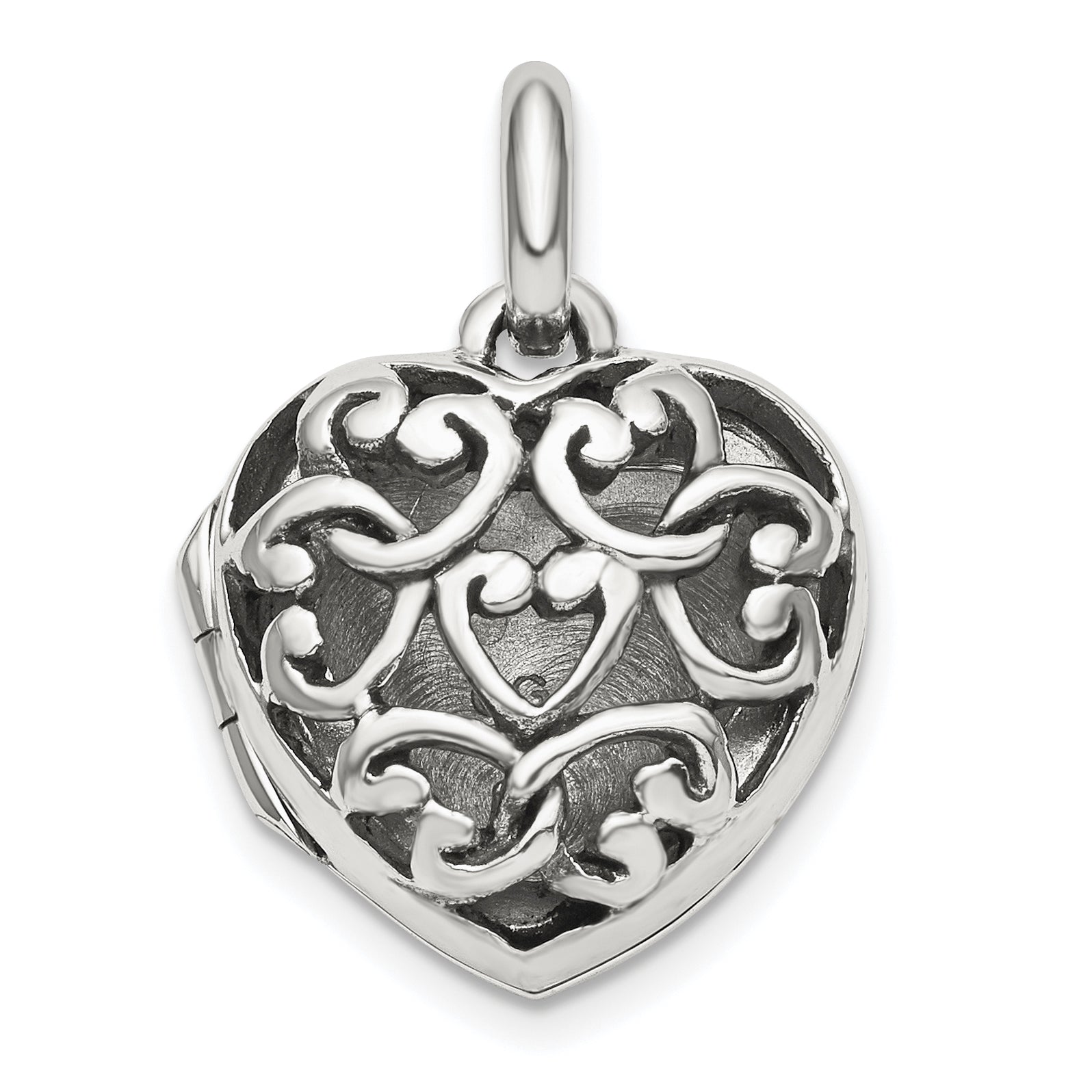 Sterling Silver Antiqued Filigree Top Polished Back 16mm Heart Locket