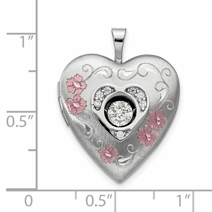 Sterling Silver RH-pltd Satin/Polish Enamel 20mm Vibrant CZ Heart Locket