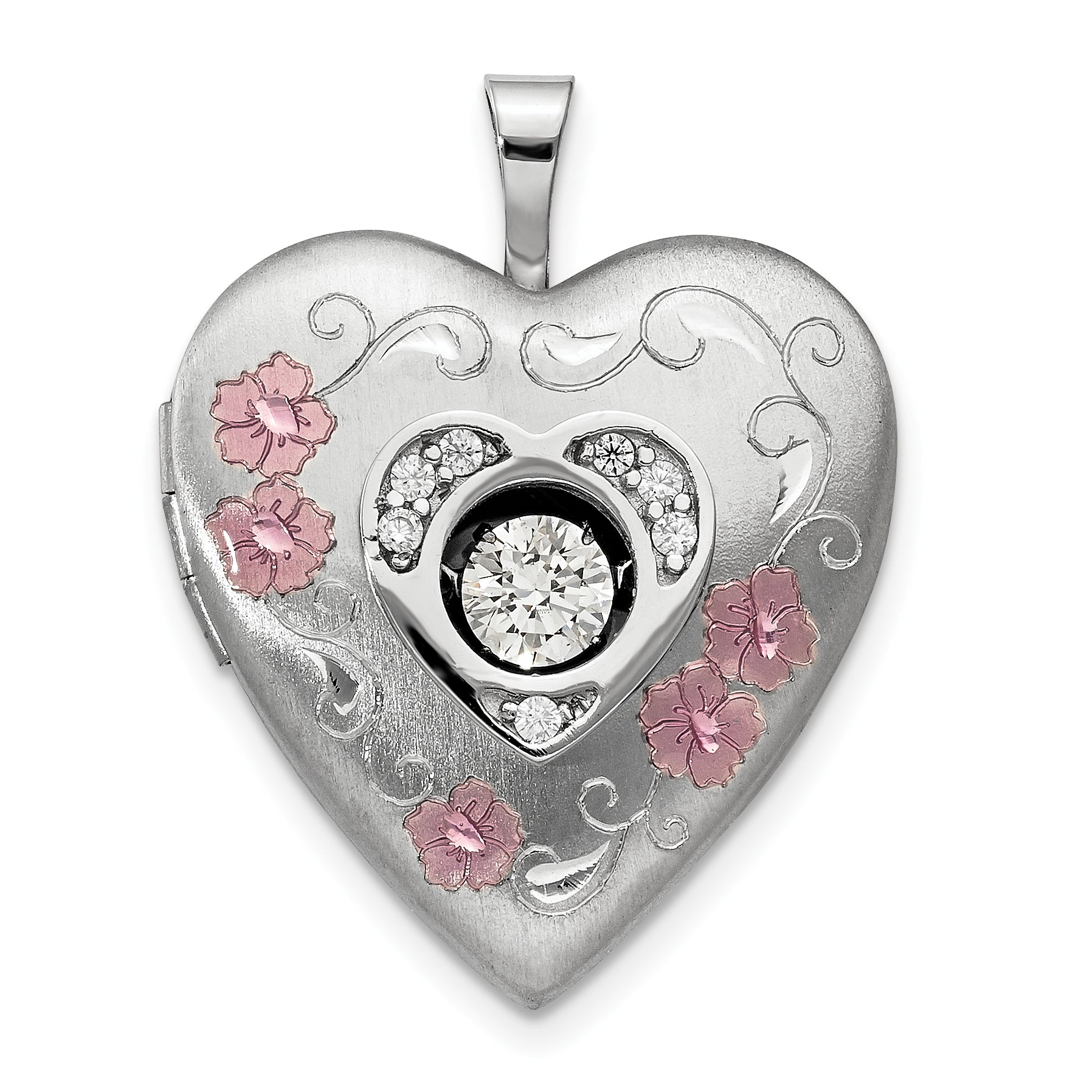 Sterling Silver RH-pltd Satin/Polish Enamel 20mm Vibrant CZ Heart Locket