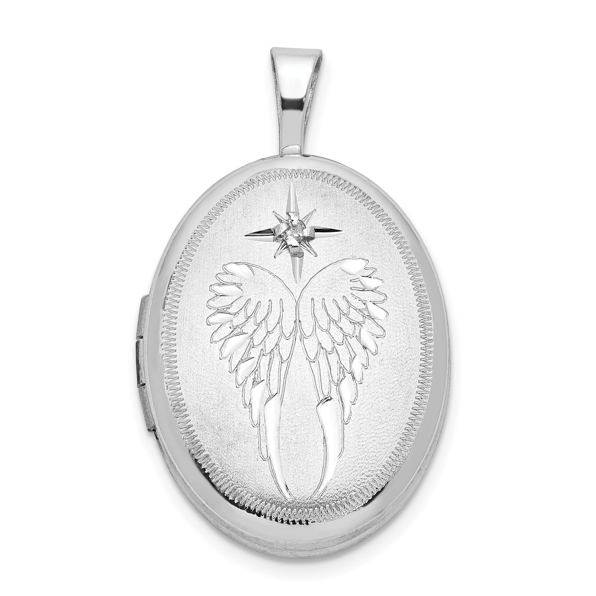 Sterling Silver Rhodium-plated 19mm Diamond Angel Wings Oval Locket