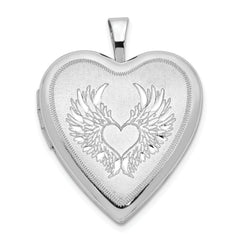 Sterling Silver Rhod-pltd 21mm Satin/Polished Heart w/Wings Heart Locket