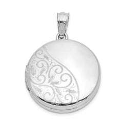 Sterling Silver Rhodium-plated 20mm Polished Scrolled Round Locket