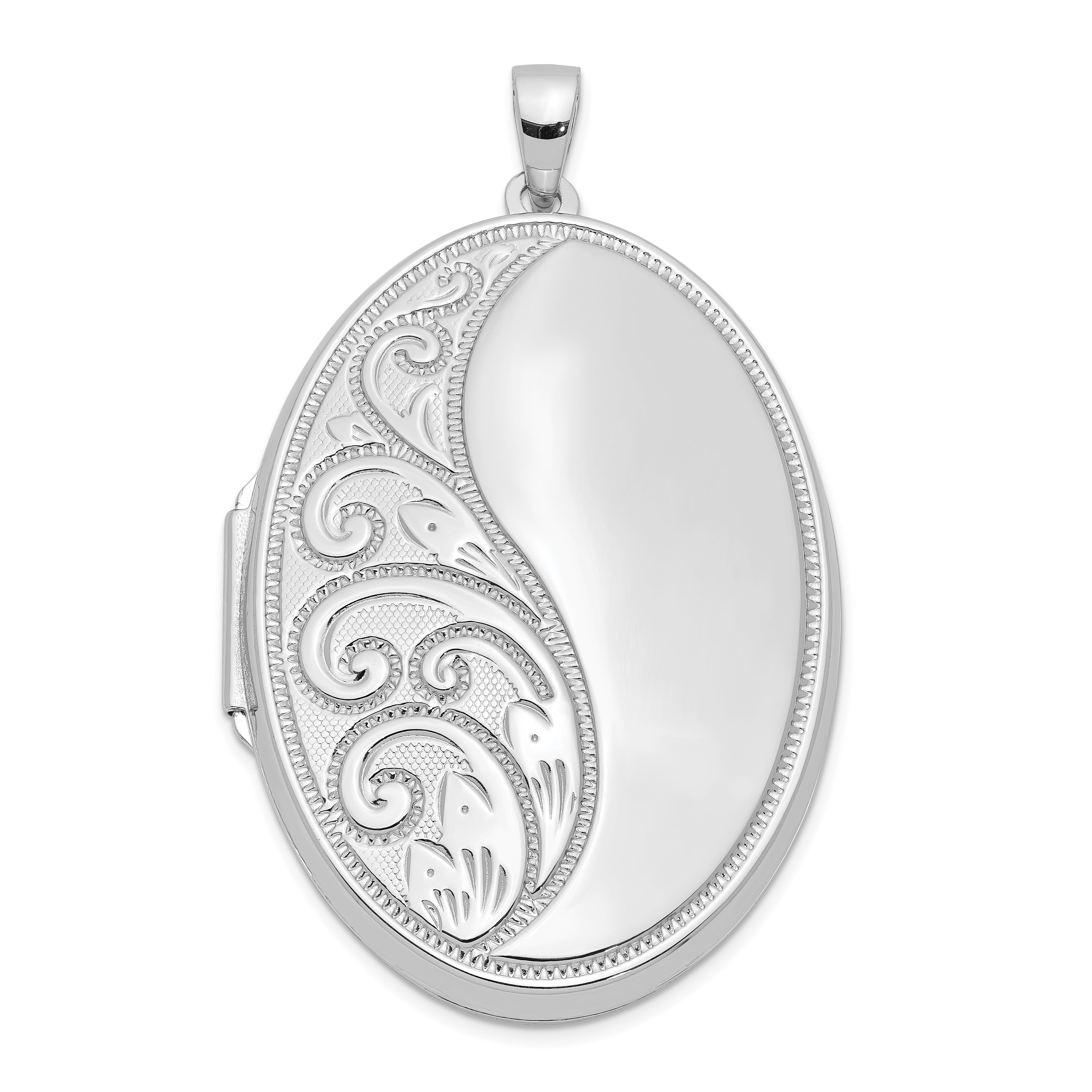 Sterling Silver Rhodium-plated 38mm Scroll Oval Locket