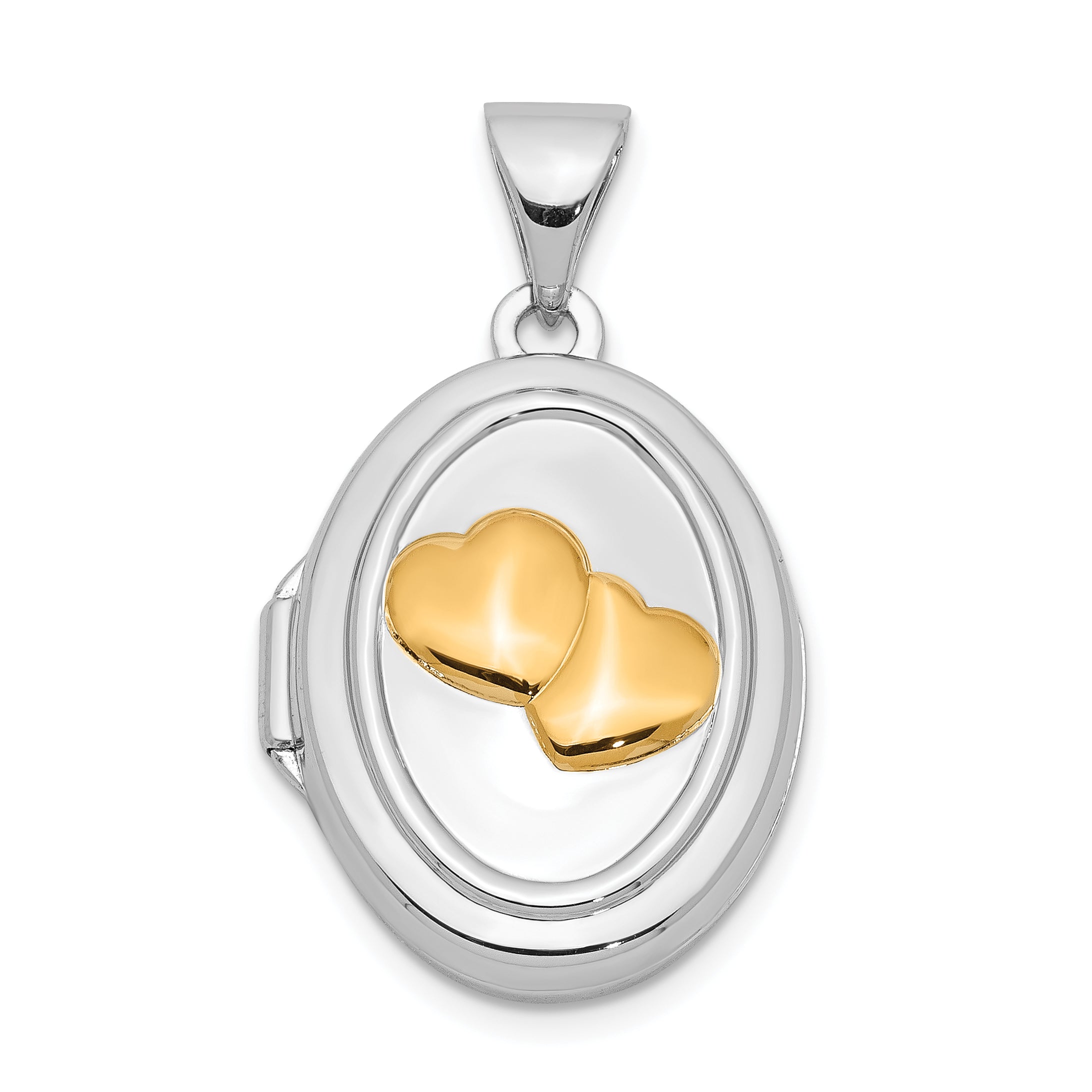 Sterling Silver Rhod-pltd w/Yellow Rhod 17mm Two Hearts Oval Locket