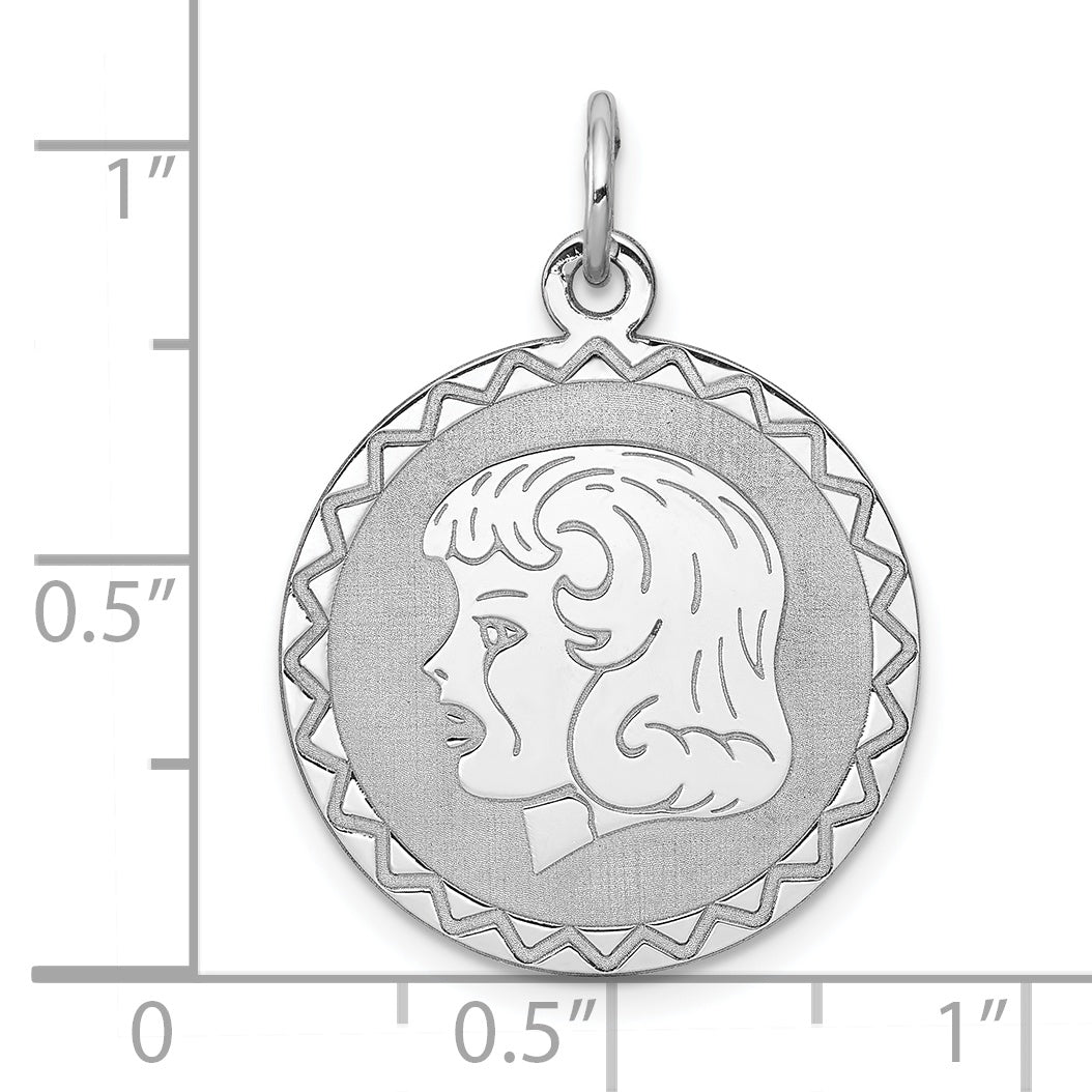 Sterling Silver Rhodium-plated Engraveable Girl Disc Charm