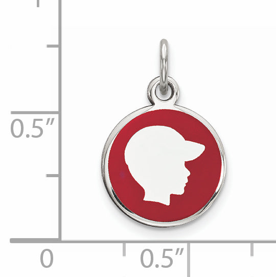 Sterling Silver Rhod-plate Red Enamel Right Facing Boy Head Disc Charm