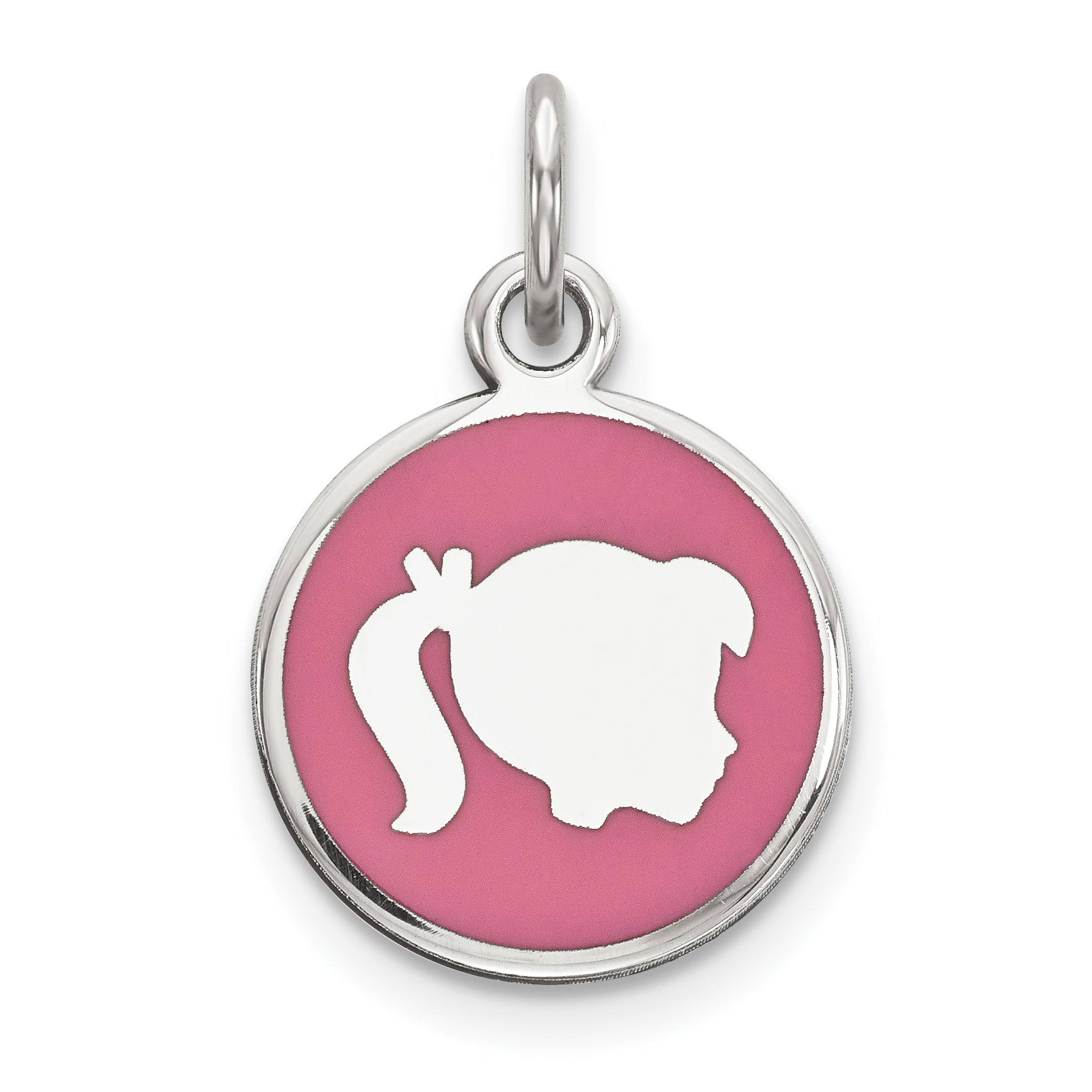 Sterling Silver Rhod-plate Pink Enamel Right Facing Girl Head Disc Charm