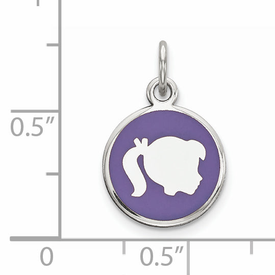 Sterling Silver Rhod-plate Purple Enamel Right Facing Girl Head Disc Charm