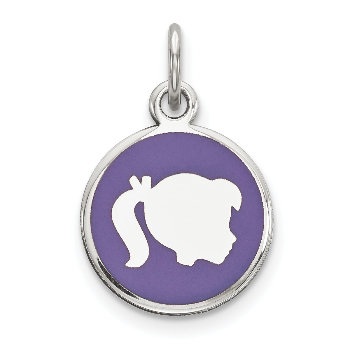 Sterling Silver Rhod-plate Purple Enamel Right Facing Girl Head Disc Charm