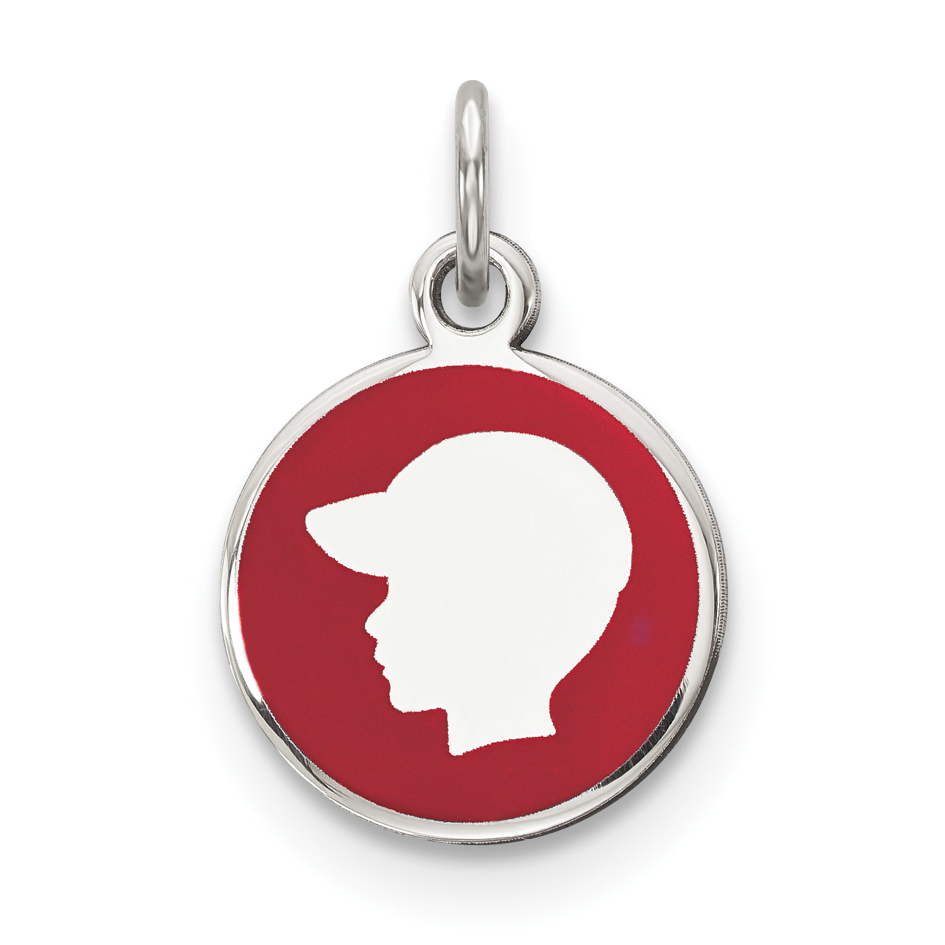 Sterling Silver Rhod-plate Red Enamel Left Facing Boy Head Disc Charm