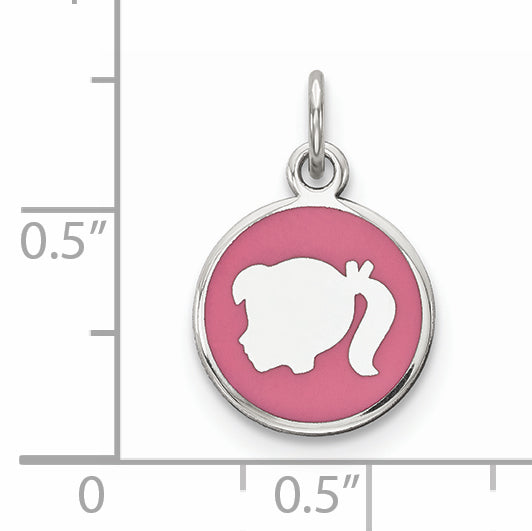 Sterling Silver Rhod-plate Pink Enamel Left Facing Girl Head Disc Charm