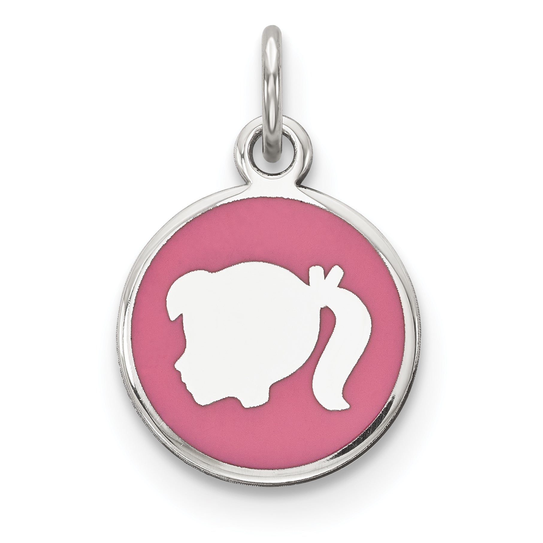 Sterling Silver Rhod-plate Pink Enamel Left Facing Girl Head Disc Charm