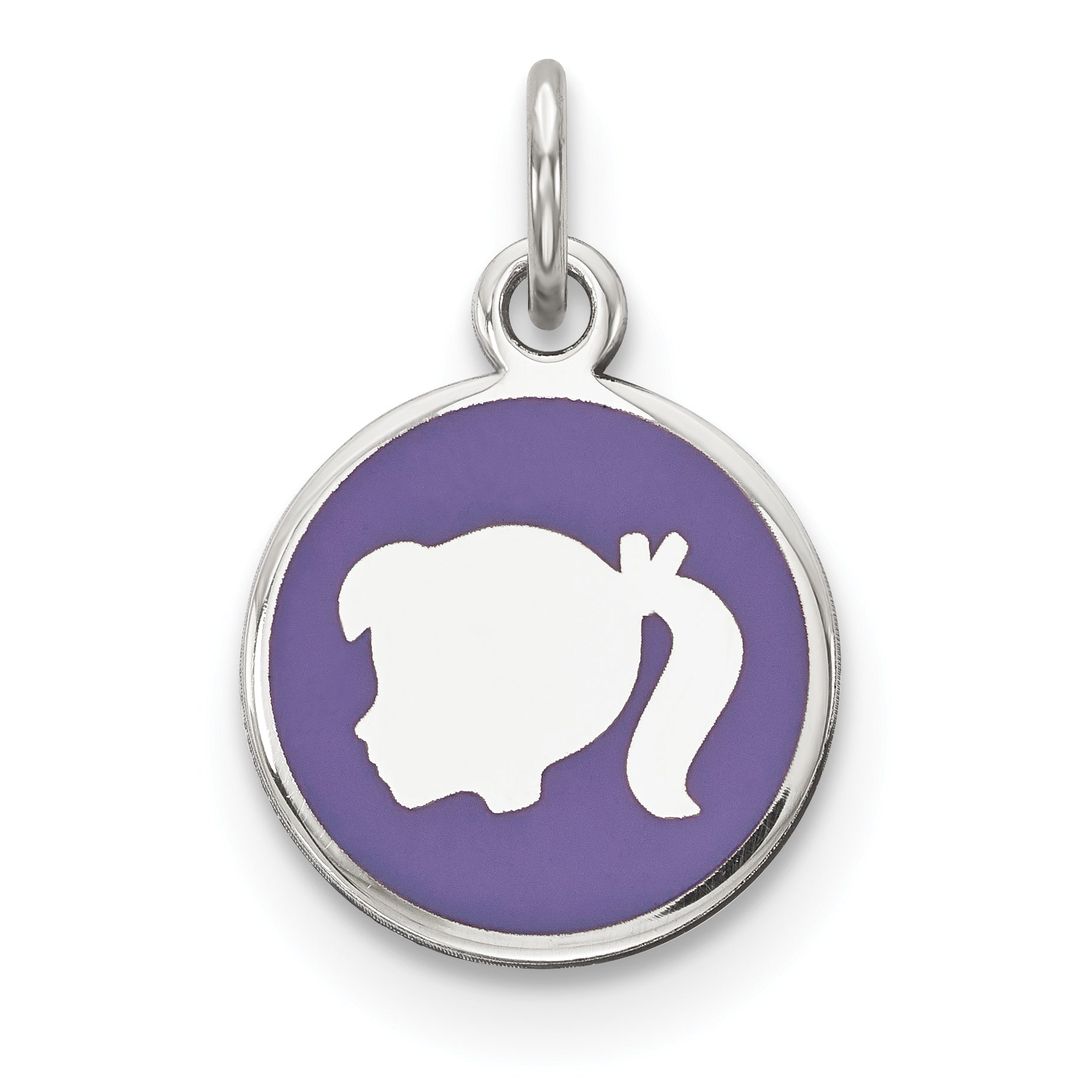 Sterling Silver Rhod-plate Purple Enamel Left Facing Girl Head Disc Charm