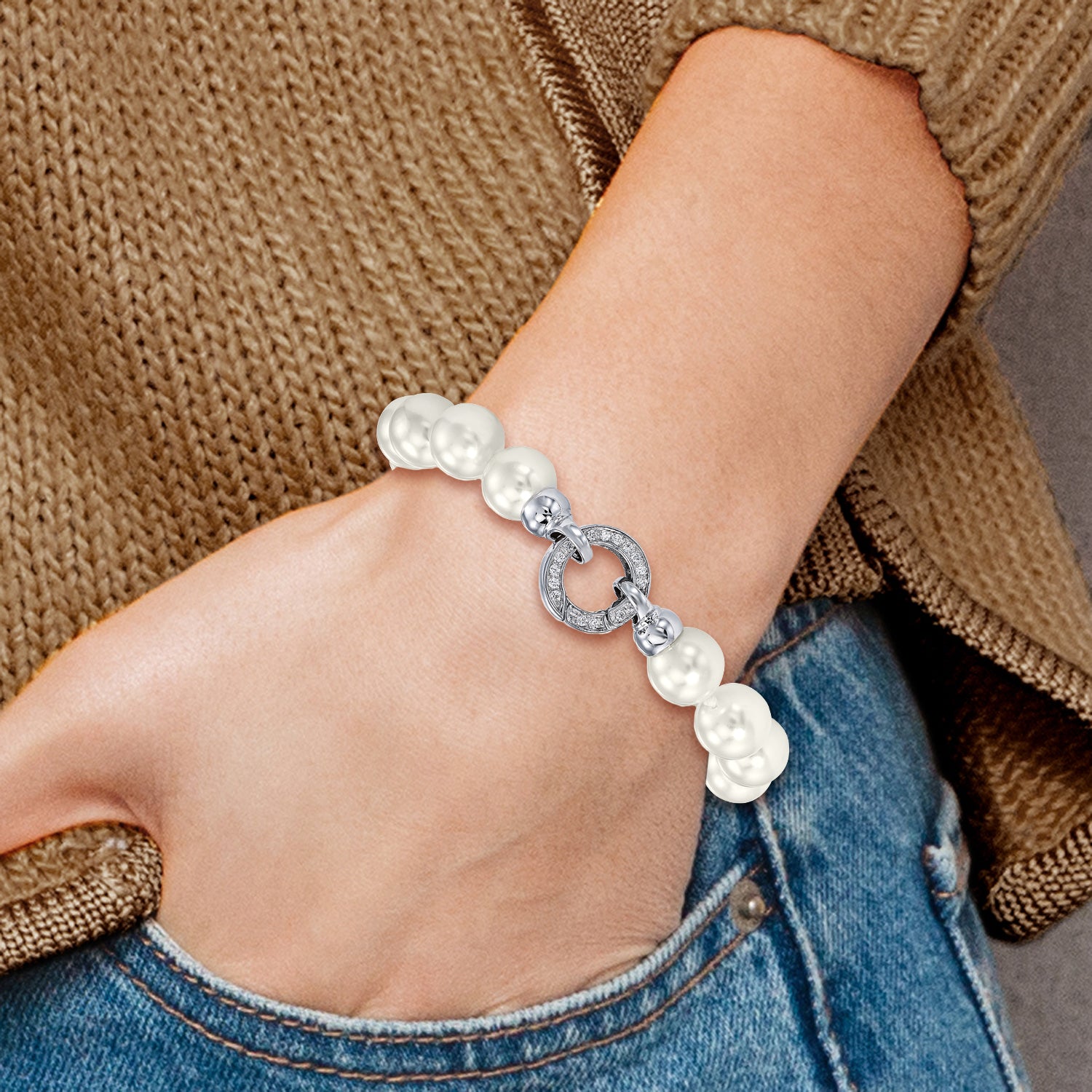 Majestik Sterling Silver Rhodium-plated 10-11mm White Imitation Shell Pearl Hand-knotted Fancy Bracelet