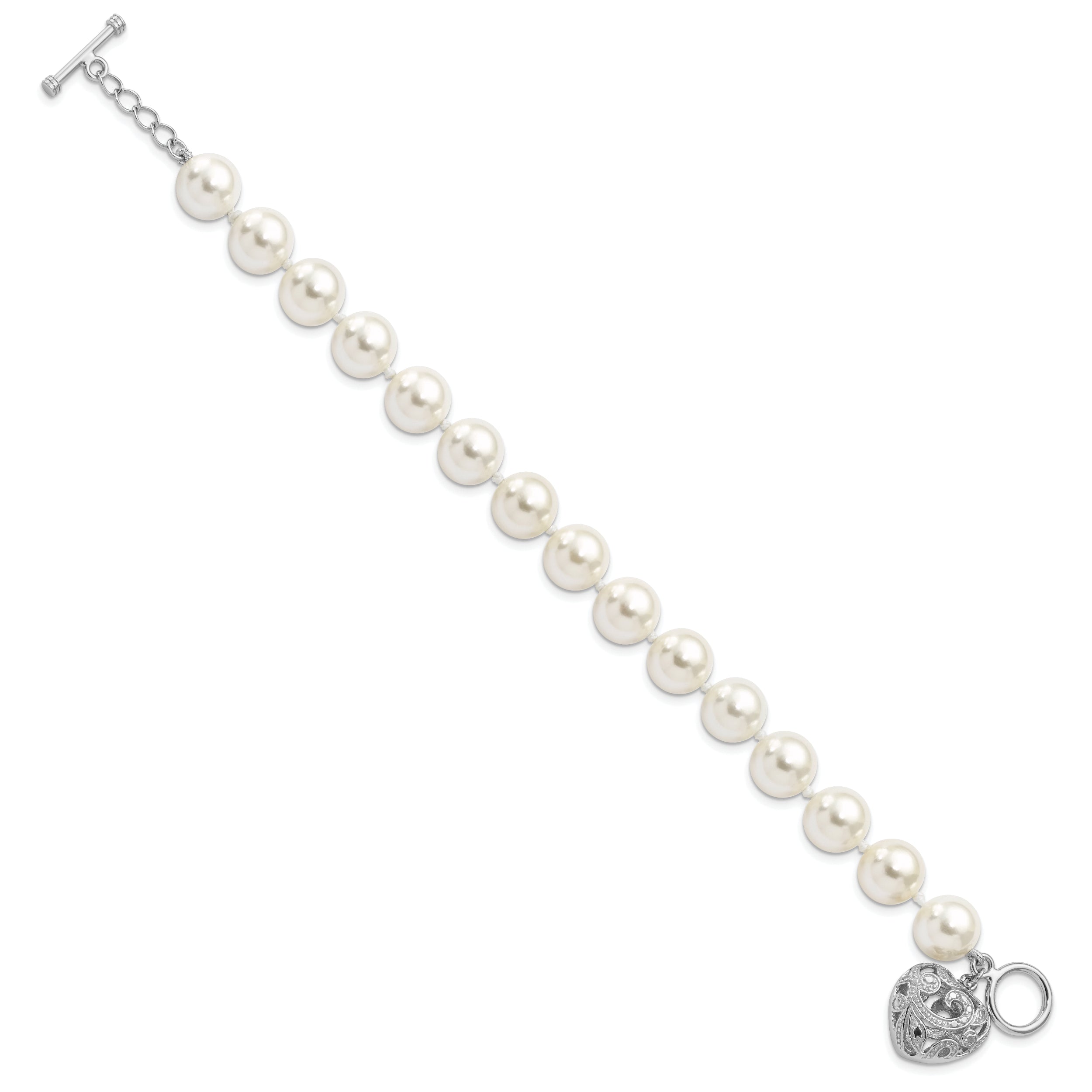 Majestik Sterling Silver Rhodium-plated 10-11mm White Imitation Shell Pearl with Heart Hand-knotted Bracelet