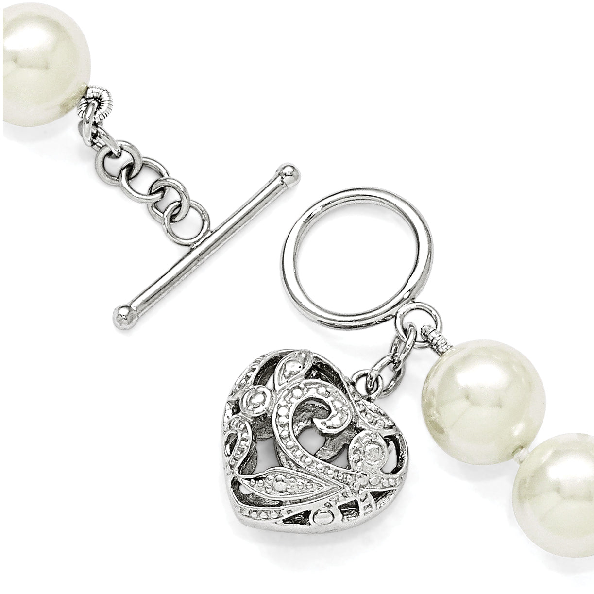 Majestik Sterling Silver Rhodium-plated 10-11mm White Imitation Shell Pearl with Heart Hand-knotted Bracelet