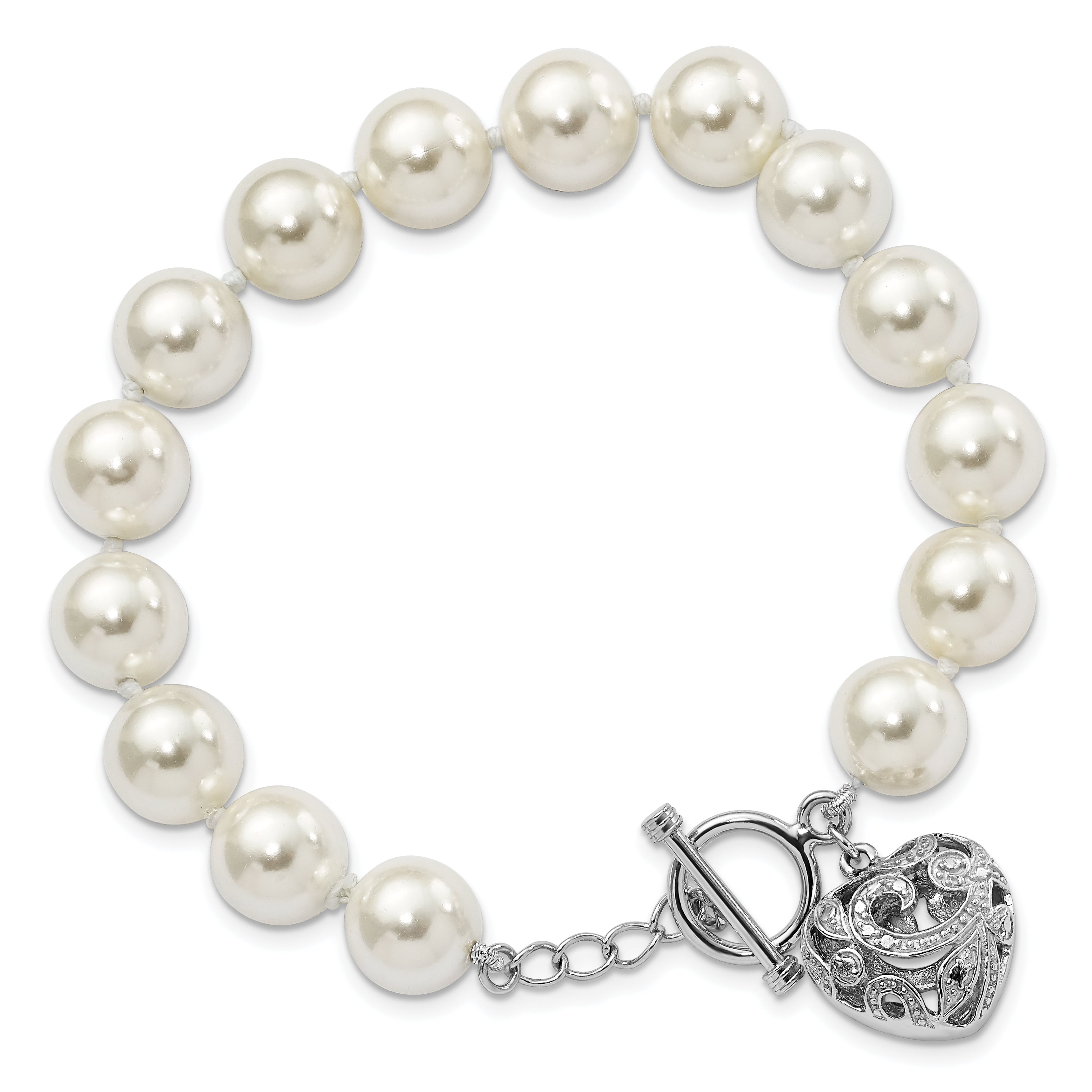 Majestik Sterling Silver Rhodium-plated 10-11mm White Imitation Shell Pearl with Heart Hand-knotted Bracelet