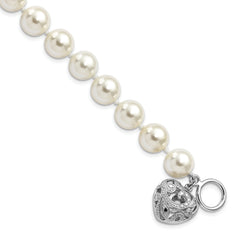 Majestik Sterling Silver Rhodium-plated 10-11mm White Imitation Shell Pearl with Heart Hand-knotted Bracelet