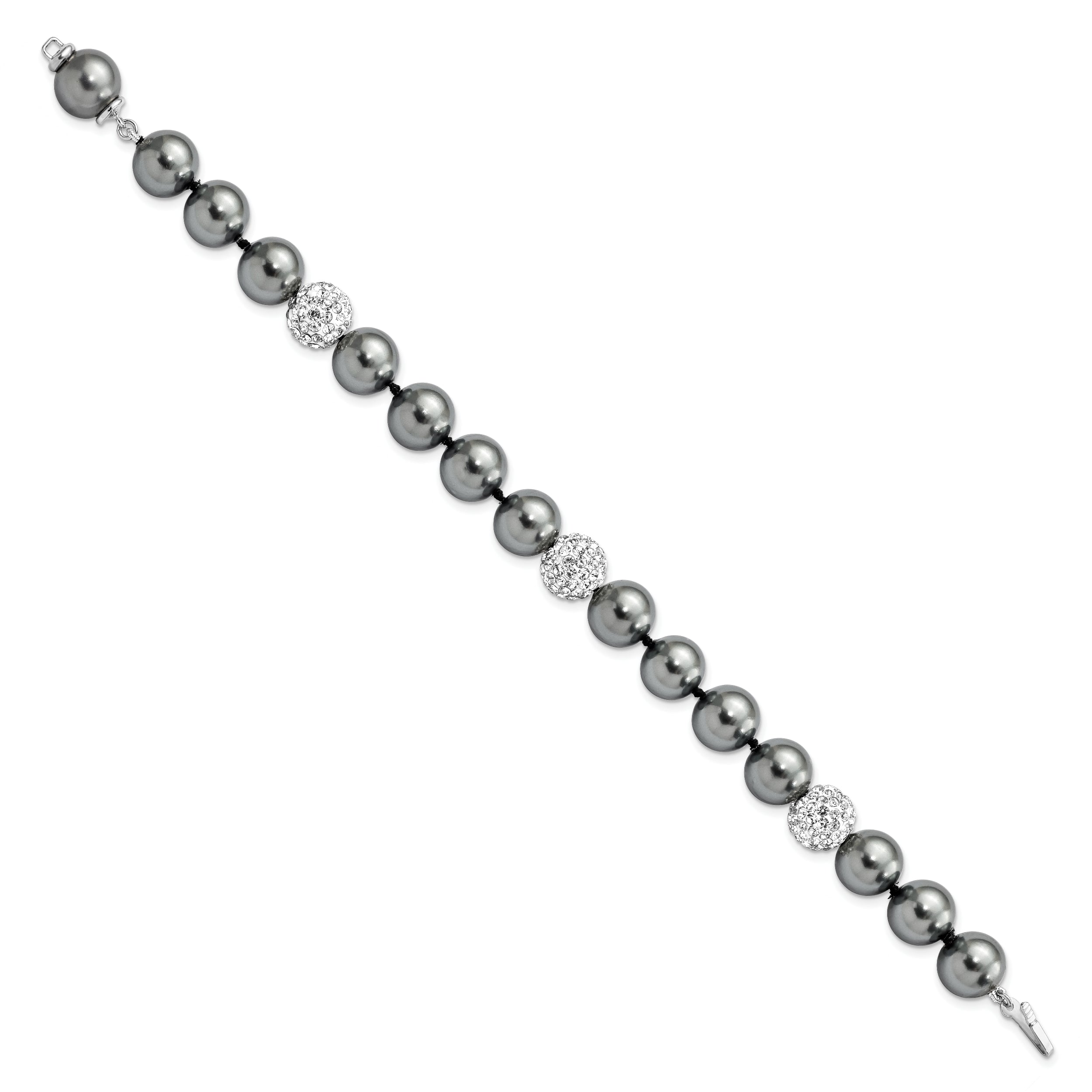 Majestik Sterling Silver Rhodium-plated 10-11mm Dark Grey Imitation Shell Pearl Crystal Hand-knotted Bracelet