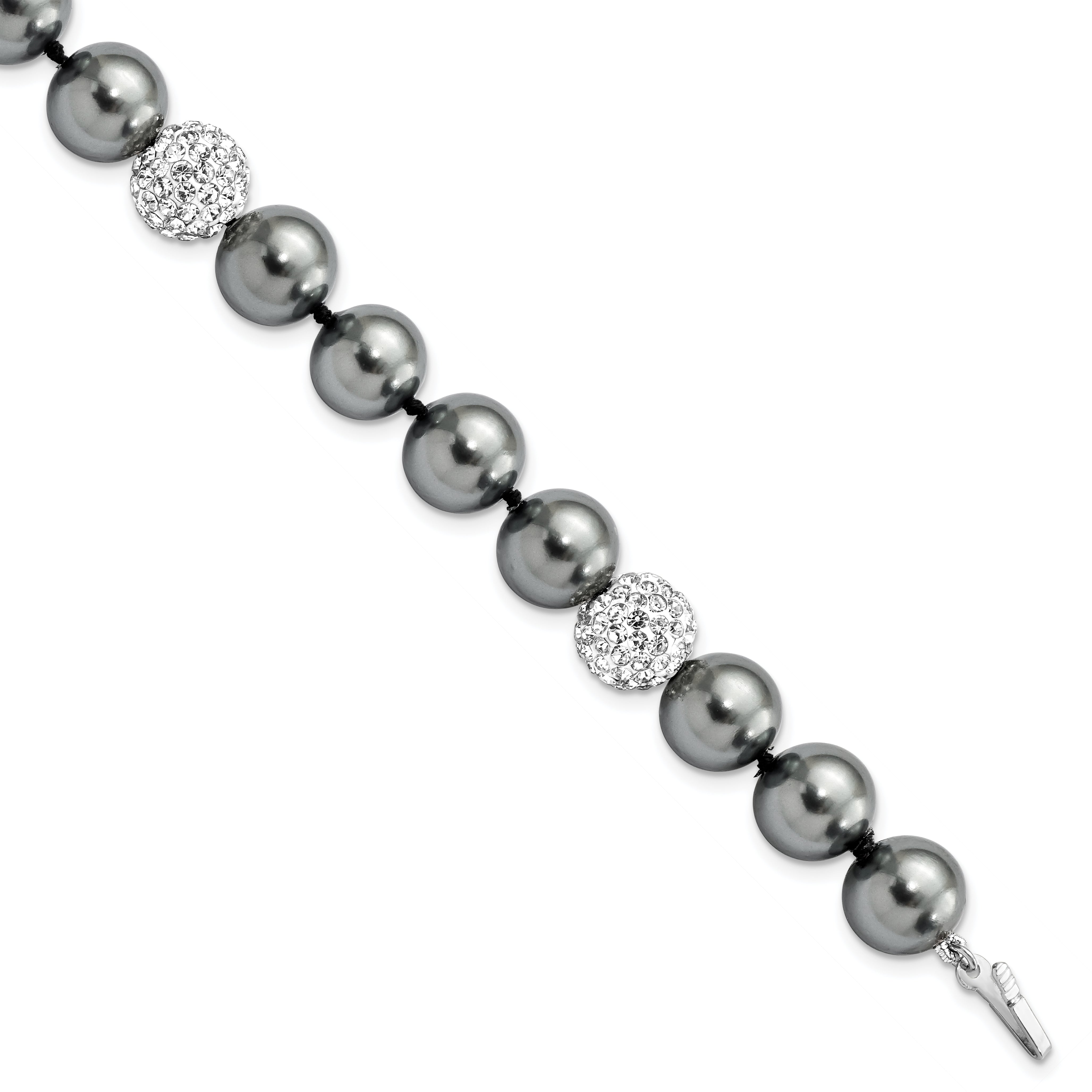 Majestik Sterling Silver Rhodium-plated 10-11mm Dark Grey Imitation Shell Pearl Crystal Hand-knotted Bracelet