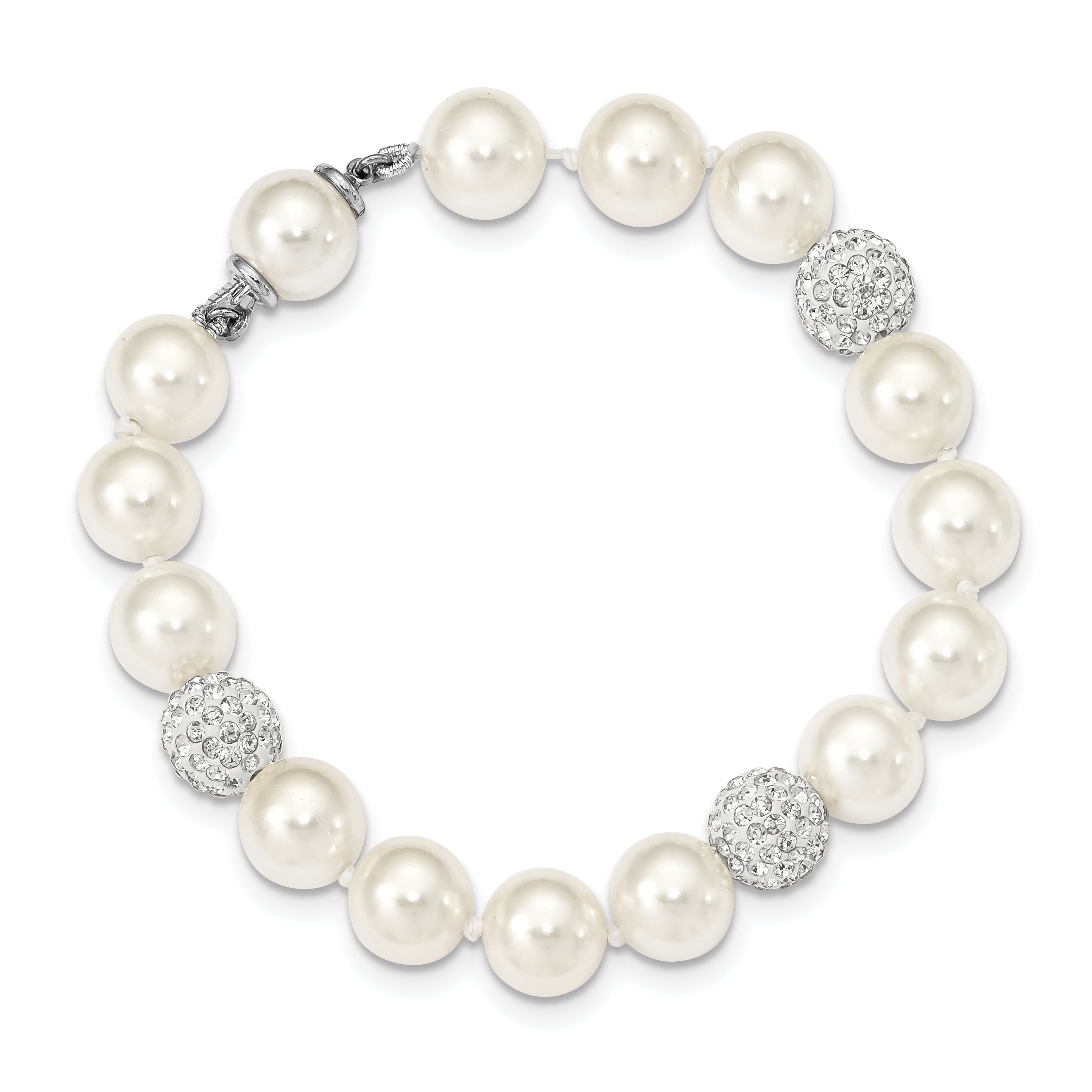 Majestik Sterling Silver Rhodium-plated 10-11mm White Imitation Shell Crystal Hand-knotted Bracelet