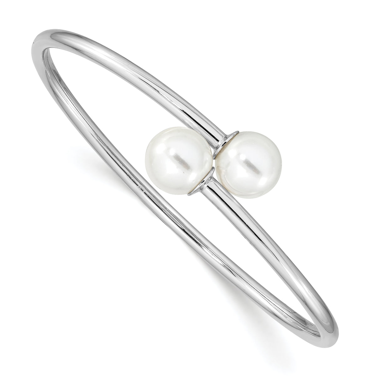 Majestik Sterling Silver Rhodium-plated 10-11mm White Imitation Shell Pearl Bangle Bracelet