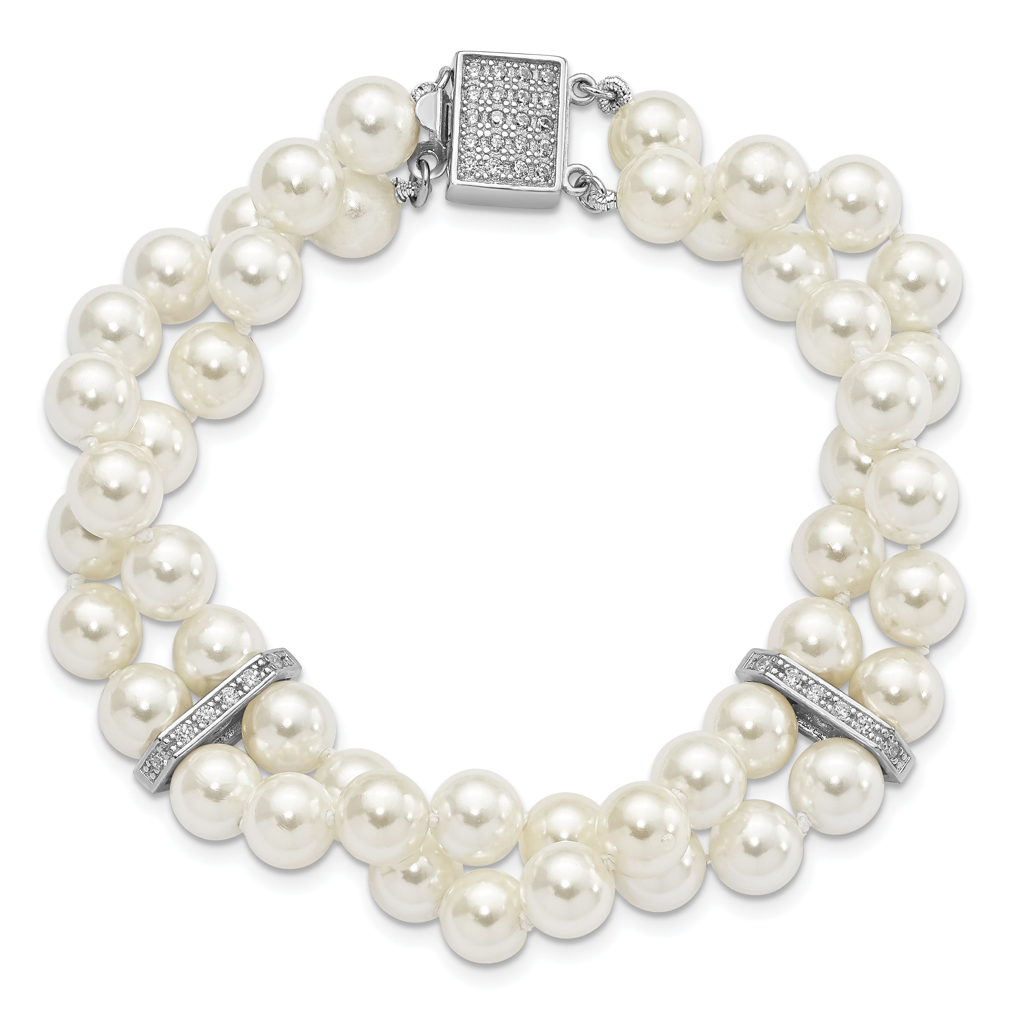 Majestik Sterling Silver Rhodium-plated 7-8mm White Imitation Shell Pearl and CZ Hand-knotted Bracelet