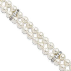 Majestik Sterling Silver Rhodium-plated 7-8mm White Imitation Shell Pearl and CZ Hand-knotted Bracelet