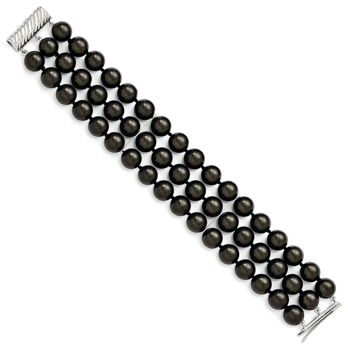 Sterling S Majestik Rh-pl 3 Row 10-11mm Blk Imitat Shell Pearl Bracelet