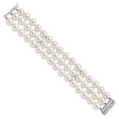 Majestik Sterling Silver Rhodium-plated 3 Row 10-11mm White Imitation Shell Pearl Hand-knotted Bracelet