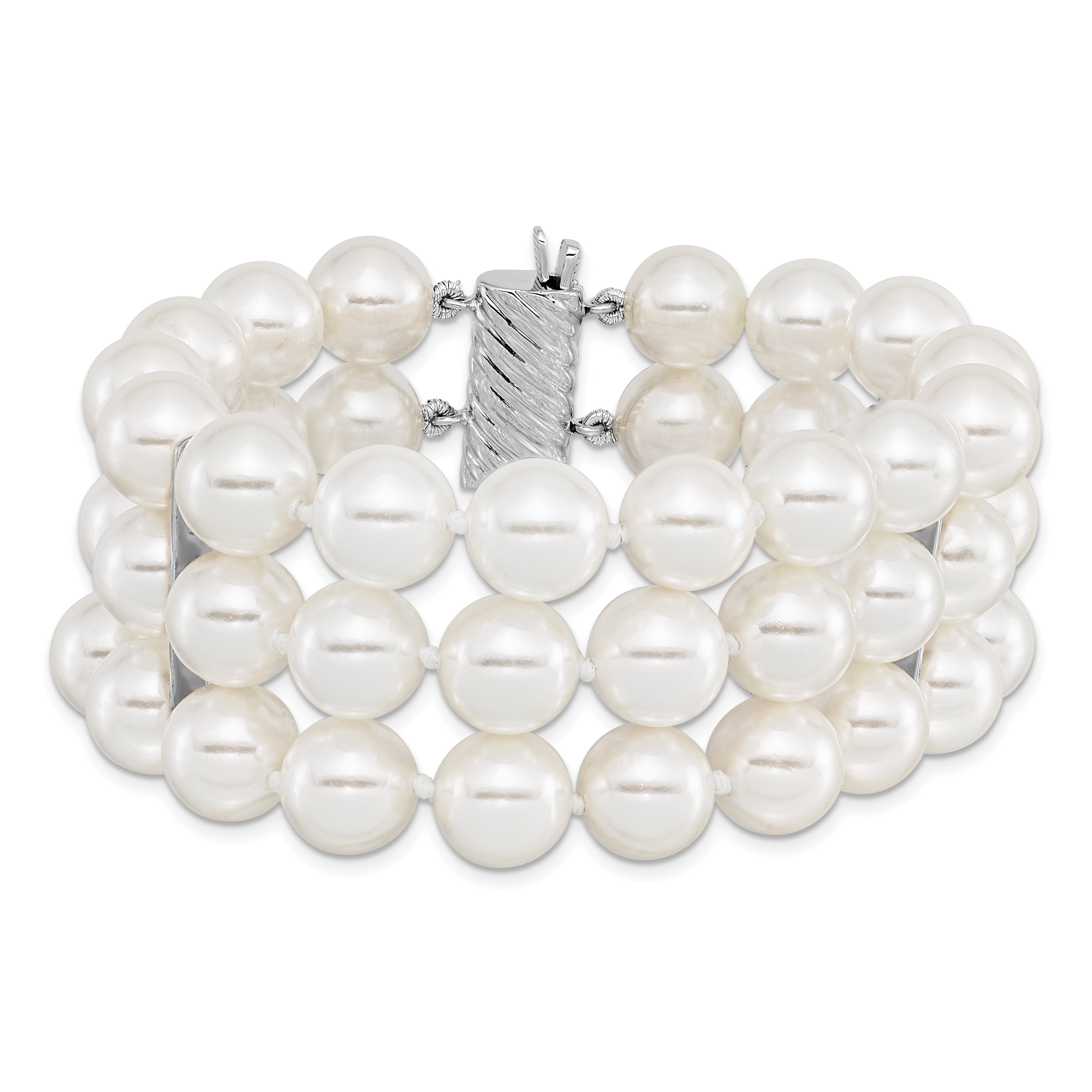 Majestik Sterling Silver Rhodium-plated 3 Row 10-11mm White Imitation Shell Pearl Hand-knotted Bracelet