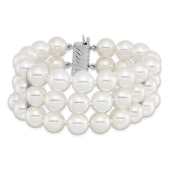 Majestik Sterling Silver Rhodium-plated 3 Row 10-11mm White Imitation Shell Pearl Hand-knotted Bracelet