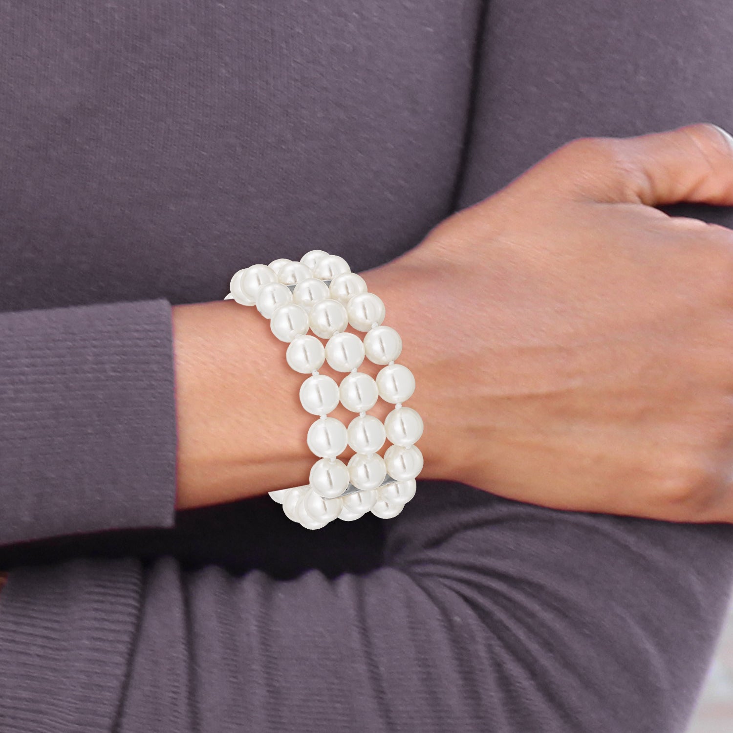 Majestik Sterling Silver Rhodium-plated 3 Row 10-11mm White Imitation Shell Pearl Hand-knotted Bracelet