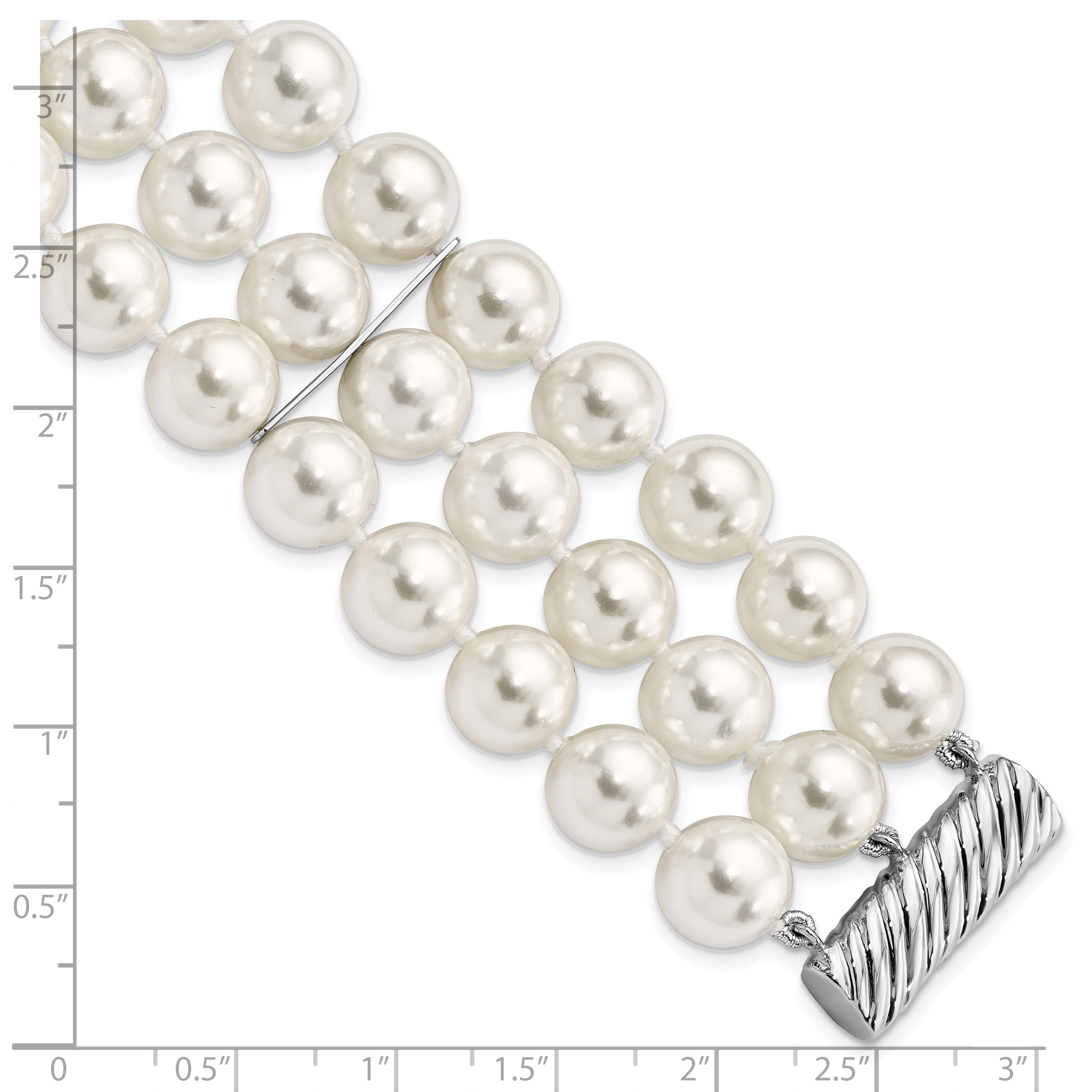 Majestik Sterling Silver Rhodium-plated 3 Row 10-11mm White Imitation Shell Pearl Hand-knotted Bracelet