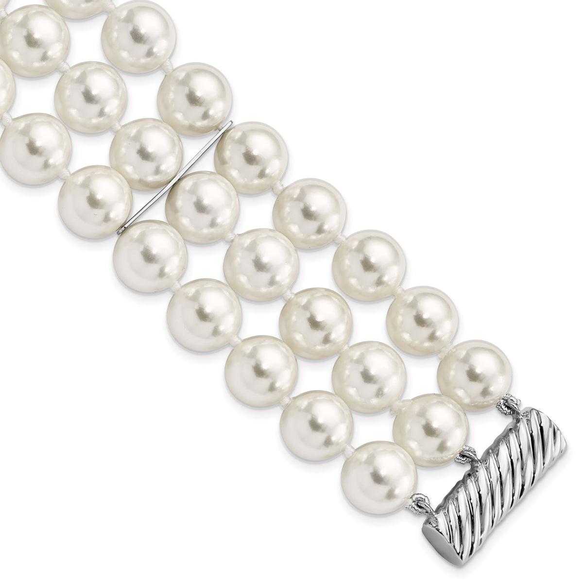 Majestik Sterling Silver Rhodium-plated 3 Row 10-11mm White Imitation Shell Pearl Hand-knotted Bracelet