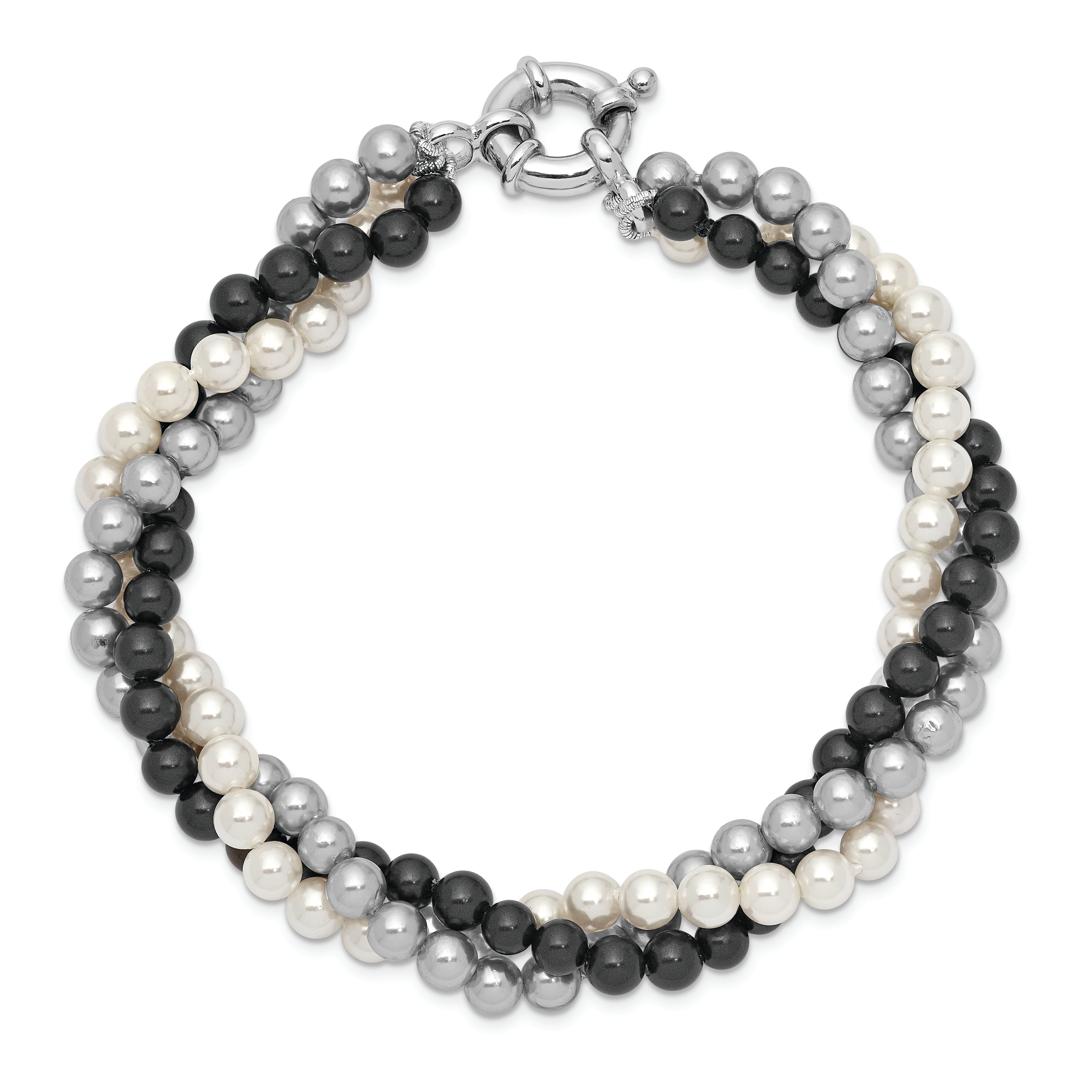 Majestik Sterling Silver Rhodium-plated 3 Row 4-5mm White Grey Black Imitation Shell Pearl Hand-knotted Bracelet